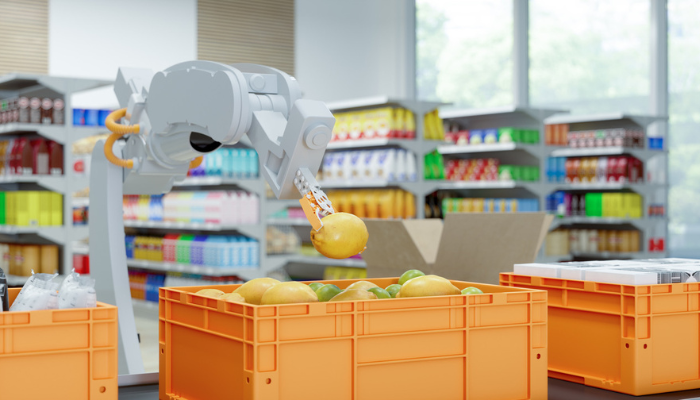 Machine robot picking fruit at grocery store.