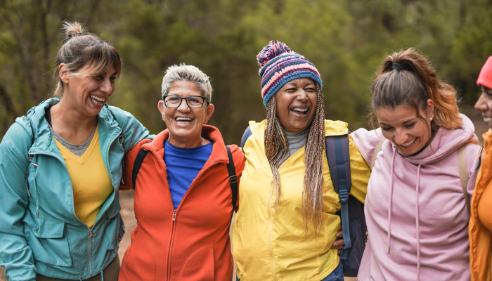 Senior group of women traveling together.