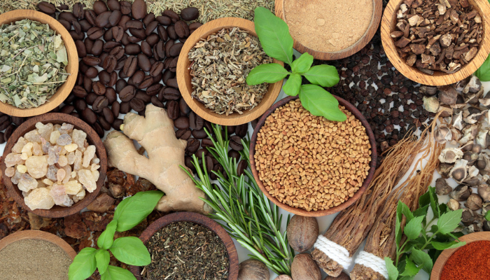Overhead photo of spices and herbs for brain and health benefits.